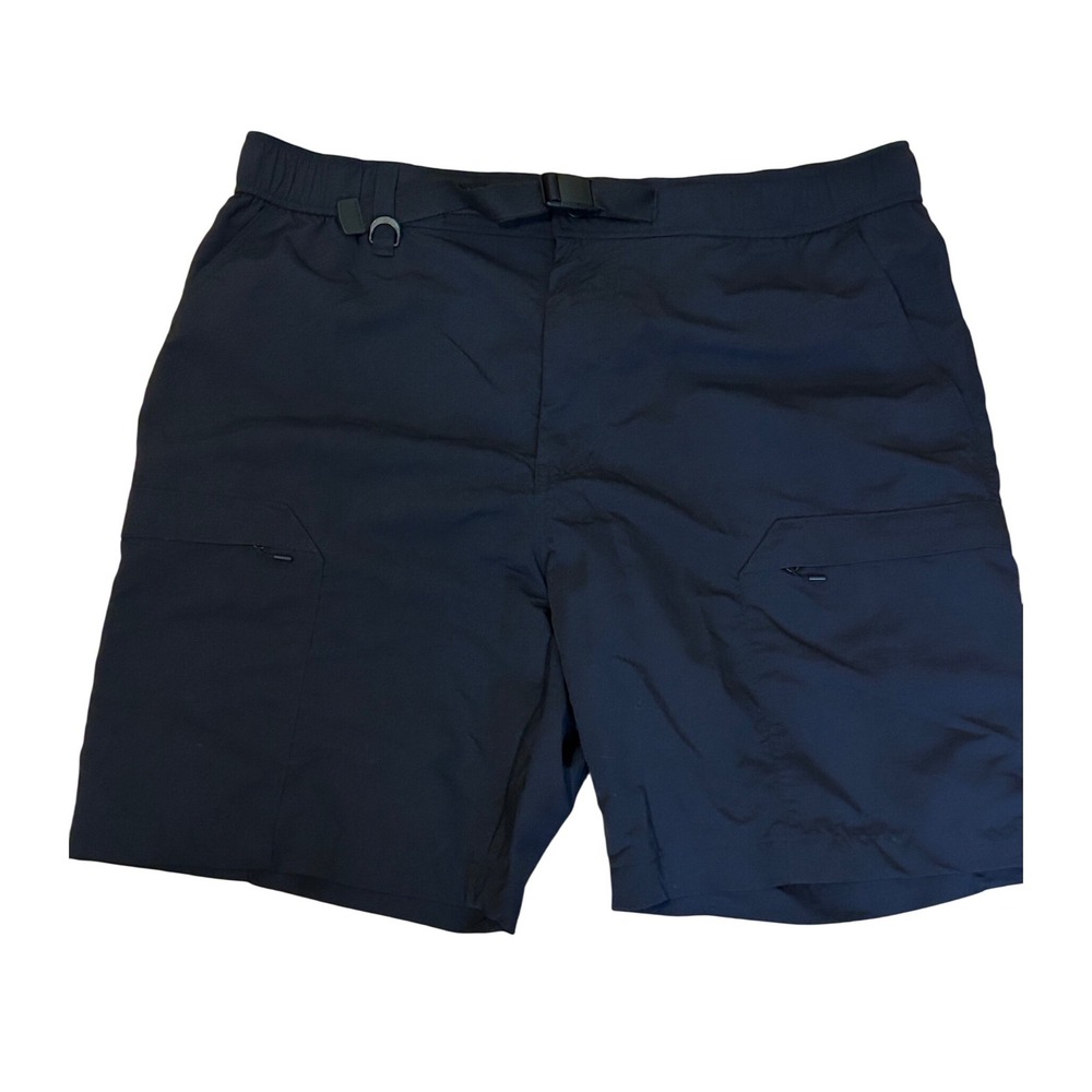 Uniqlo Mens L Nylon Belted Outdoor Shorts Navy Blue Zip Pockets Elastic Waist